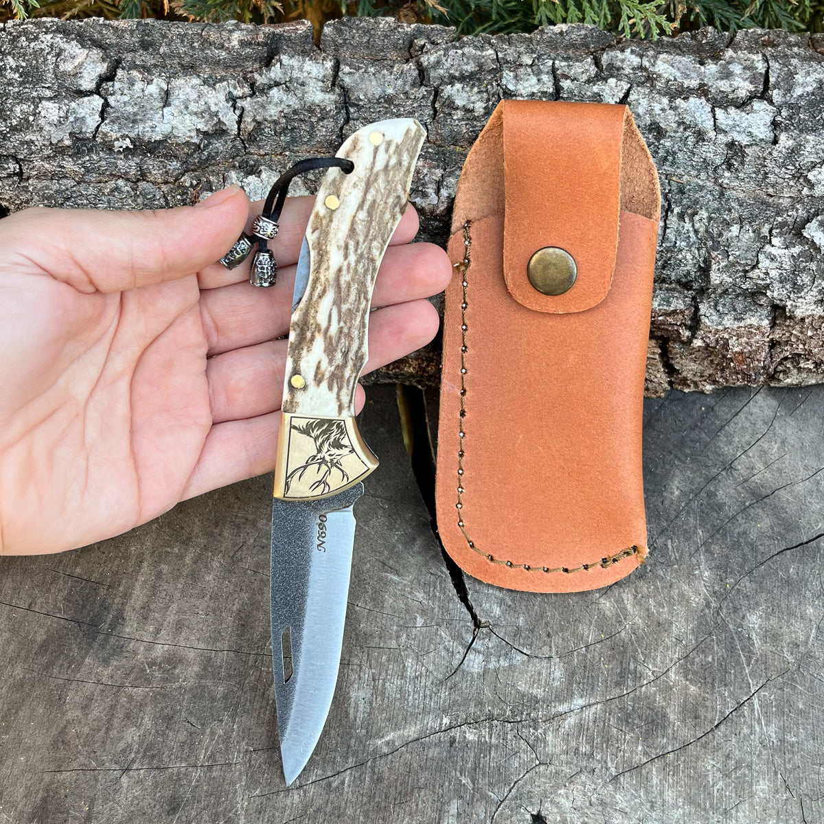 Katlanır Model - N690 Çelik -Geyik İşlemeli Geyik Boynuzu Sap - 19 Cm