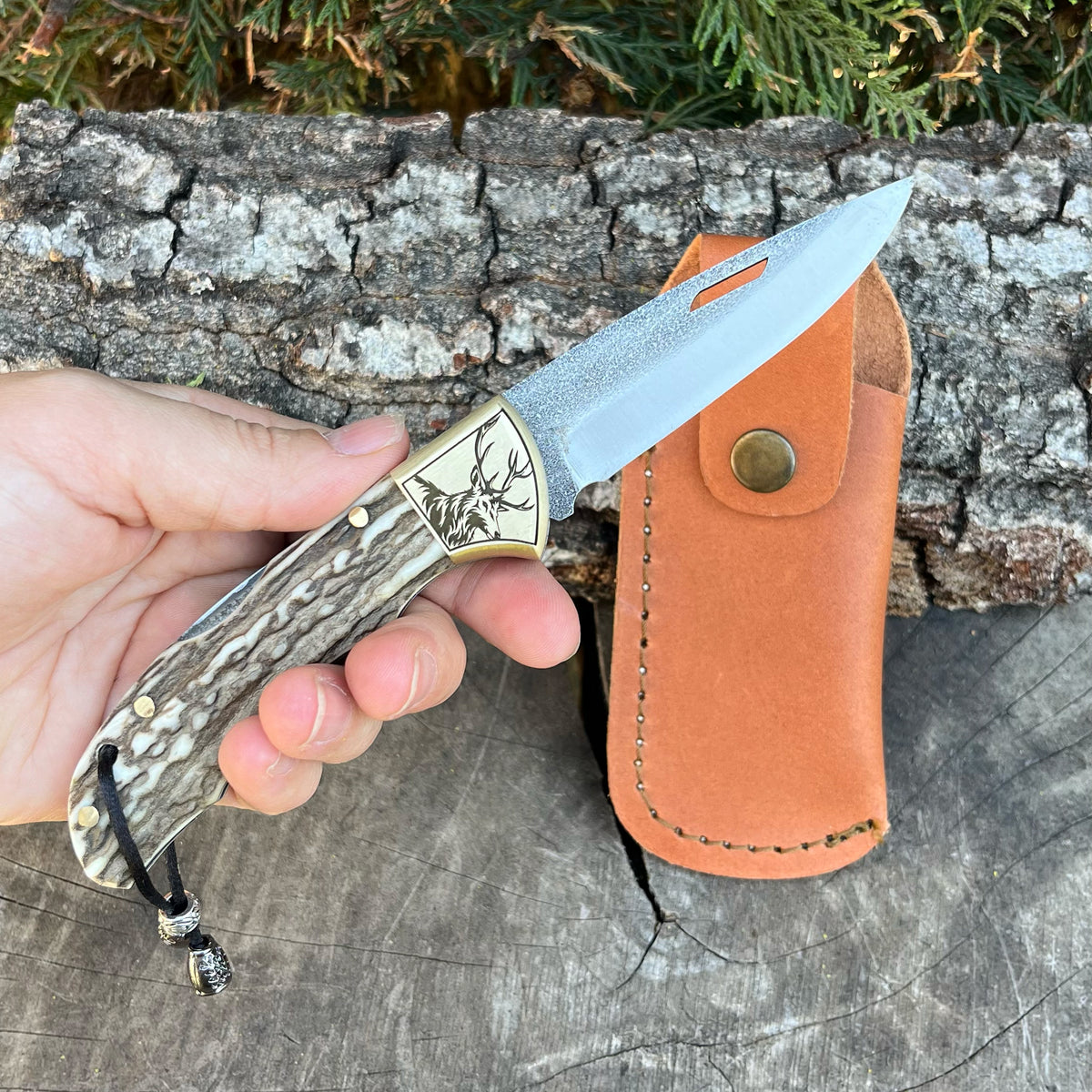Katlanır Model - N690 Çelik -Geyik İşlemeli Geyik Boynuzu Sap - 19 Cm