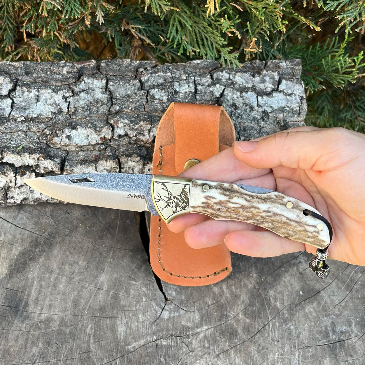 Katlanır Model - N690 Çelik -Geyik İşlemeli Geyik Boynuzu Sap - 19 Cm