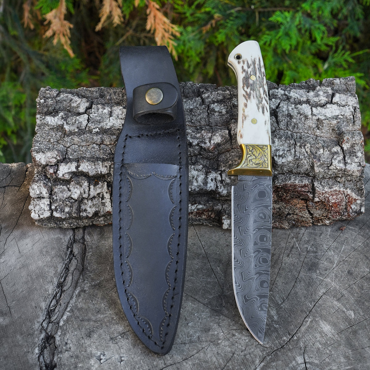 Bushcraft 35 Cm – Geyik Boynuzu Saplı – Damascus Çelik El Yapımı Özel Seri