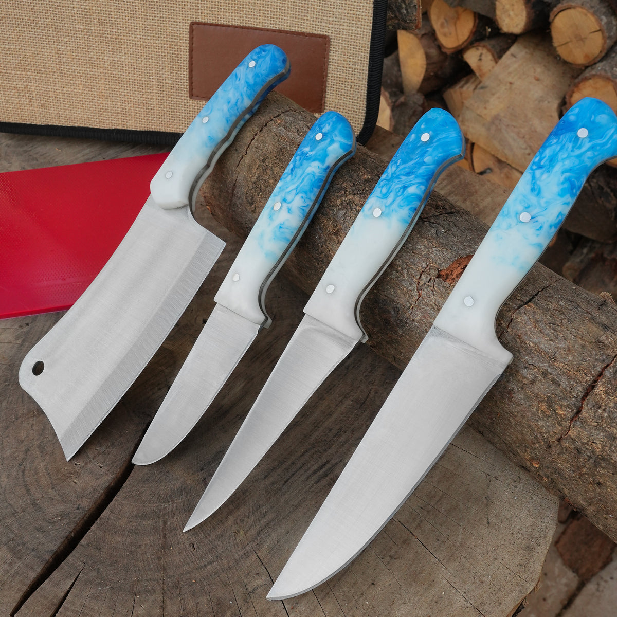 4'lü Kasap Bıçağı Seti + Kesme Tahtası - Paslanmaz Premium Kalite