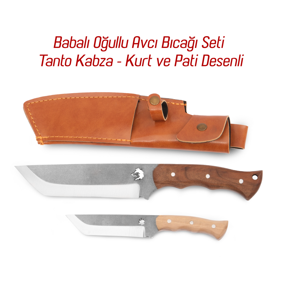 Babalı Oğullu Avcı Bıçağı Seti - Tanto Kabza - Kurt Ve Pati Desenli