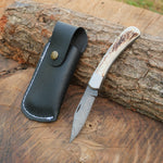 Damascus çelik ve orijinal geyik boynuzu saplı 17 cm el yapımı katlanır bıçak