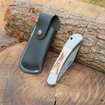 Damascus çelik ve orijinal geyik boynuzu saplı 22 cm el yapımı katlanır bıçak