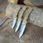 N690 çelikten yapılmış, pirinç gravür saplı katlanabilir el yapımı bıçak – Denizli Yatağan üretimi