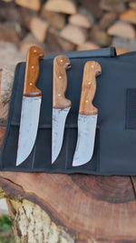 Ceviz saplı kesme, sıyırma ve yüzme bıçaklarından oluşan 3’lü özel set.