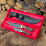 Yatağan ustaları tarafından el işçiliğiyle üretilmiş, iki boy bıçaklı Damascus seti